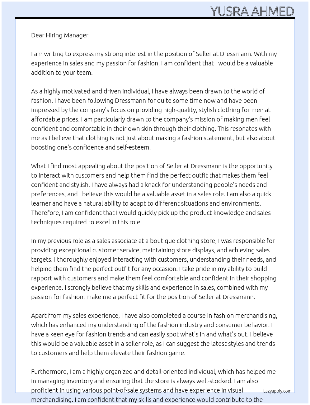 seller At Dressmann Cover Letter