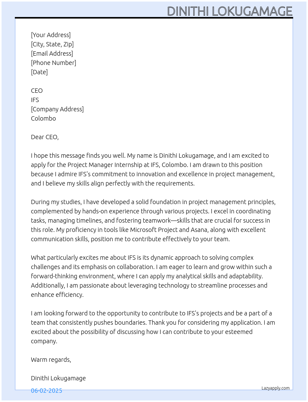 Cover letter for project manager internship - LazyApply