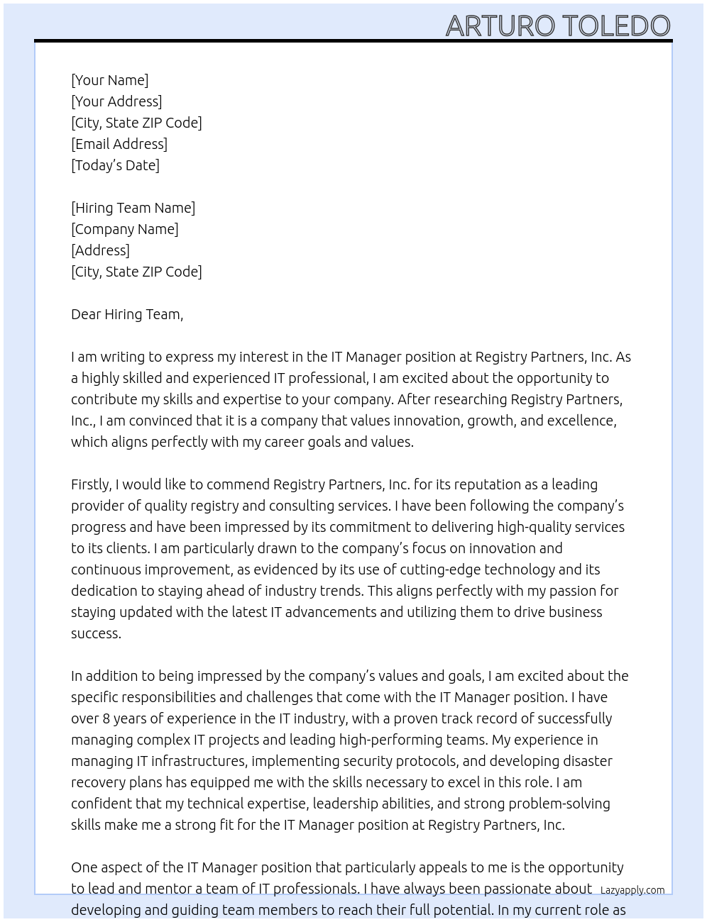 IT Manager At Registry Partners, Inc Cover Letter