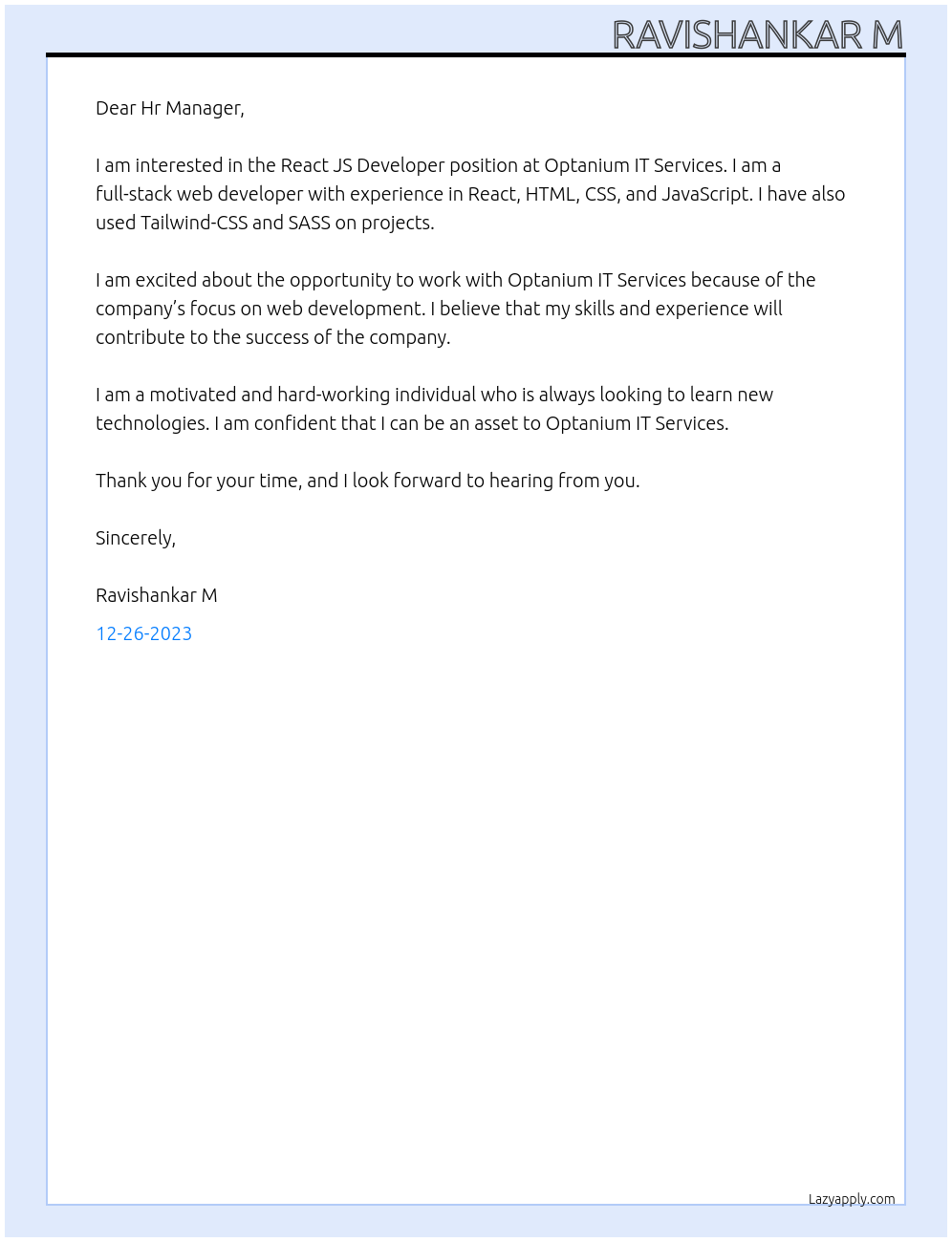 React JS Developer At Optanium IT Services Cover Letter