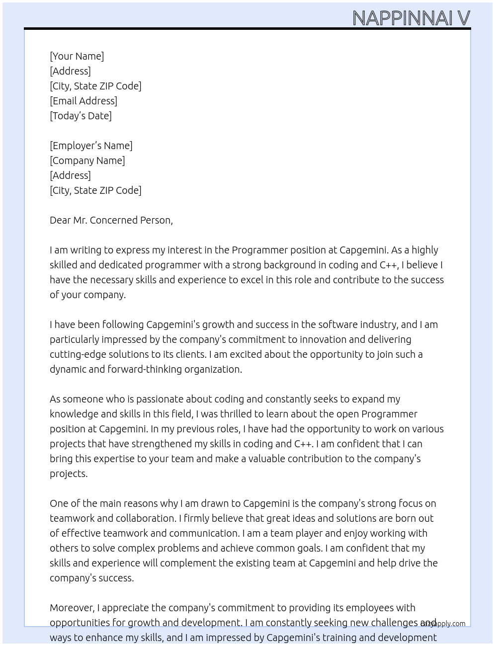 Programmer At Capgemini Cover Letter