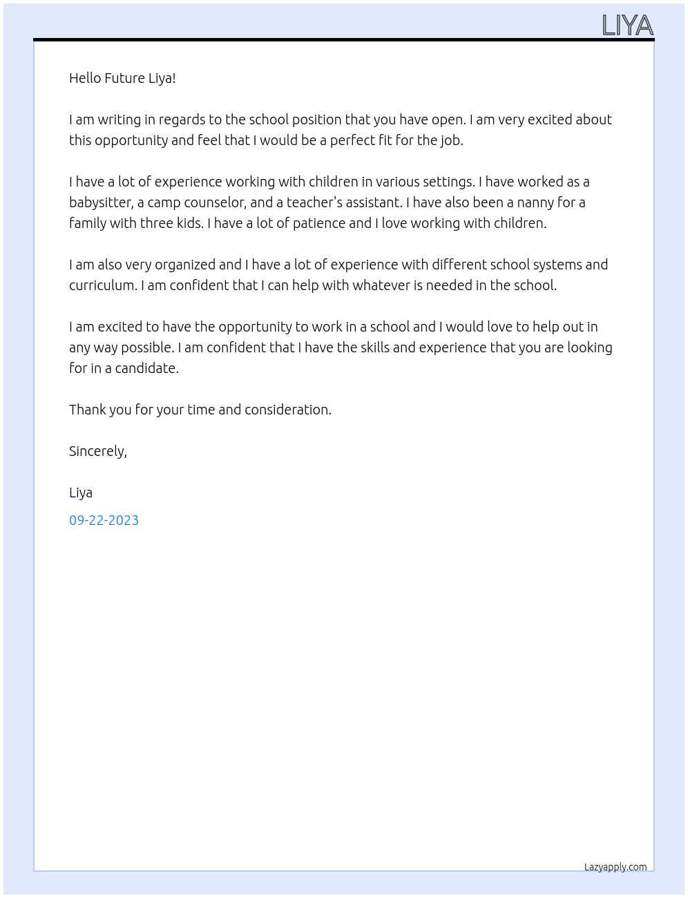 School At School Cover Letter