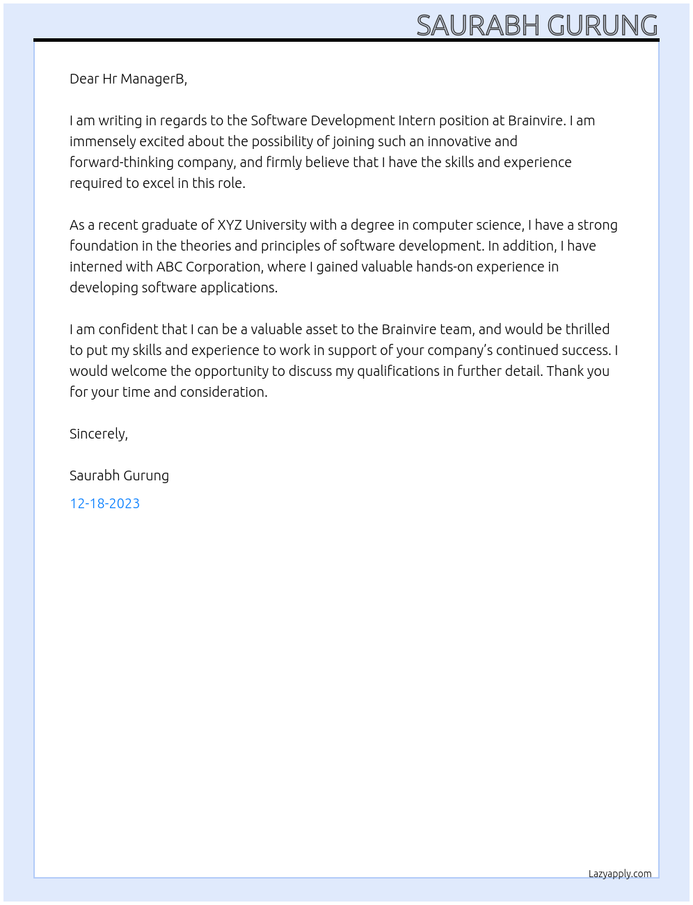 Software Development Intern At Brainvire Cover Letter