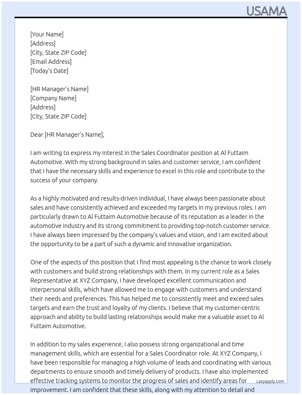 Sales Coordinator At Al Futtaim Automotive Cover Letter