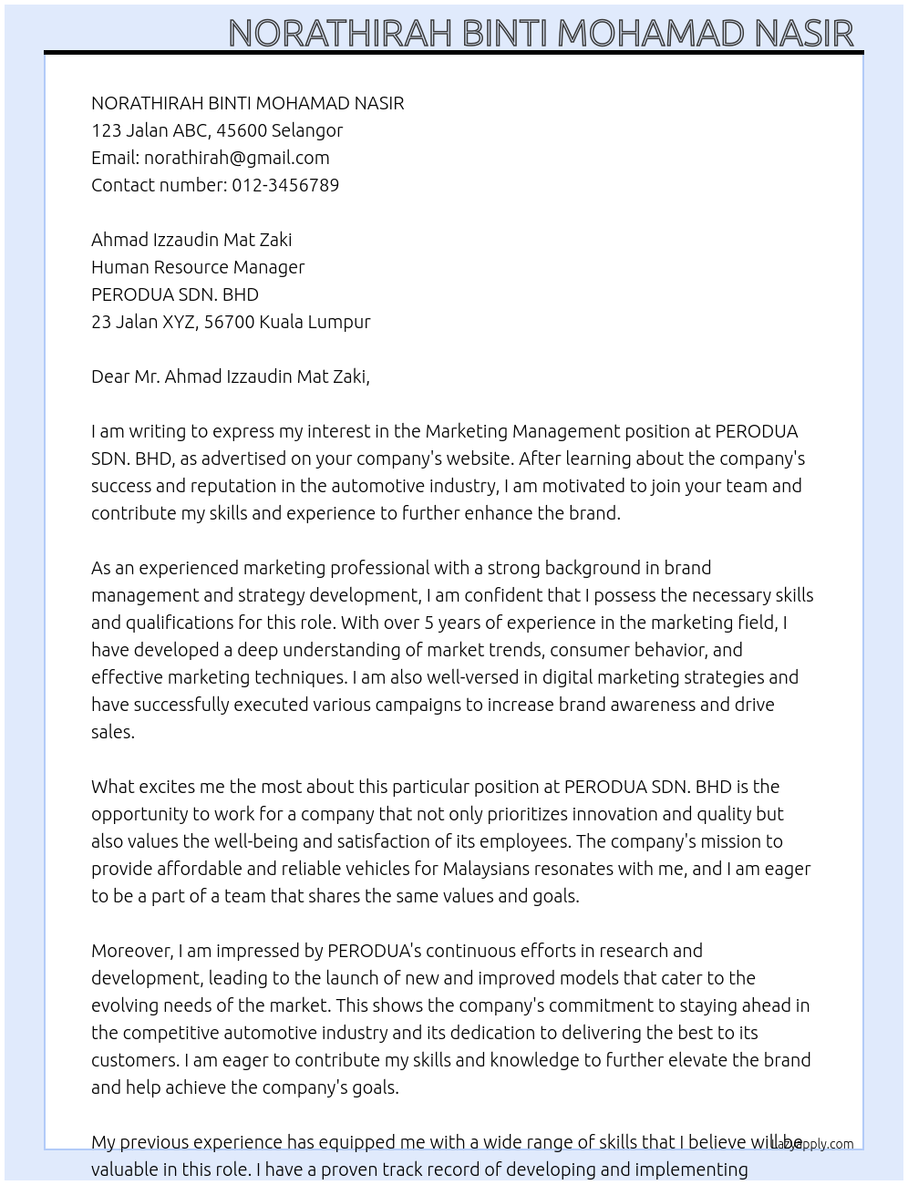 Marketing management  At PERODUA SDN. BHD Cover Letter