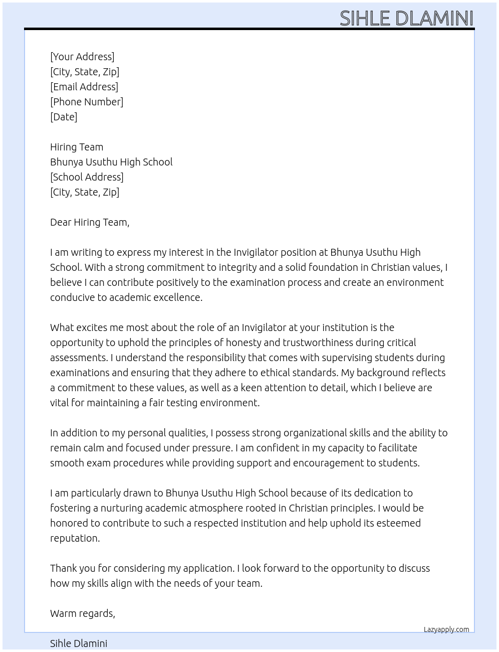 Invigilator At Bhunya Usuthu High School Cover Letter