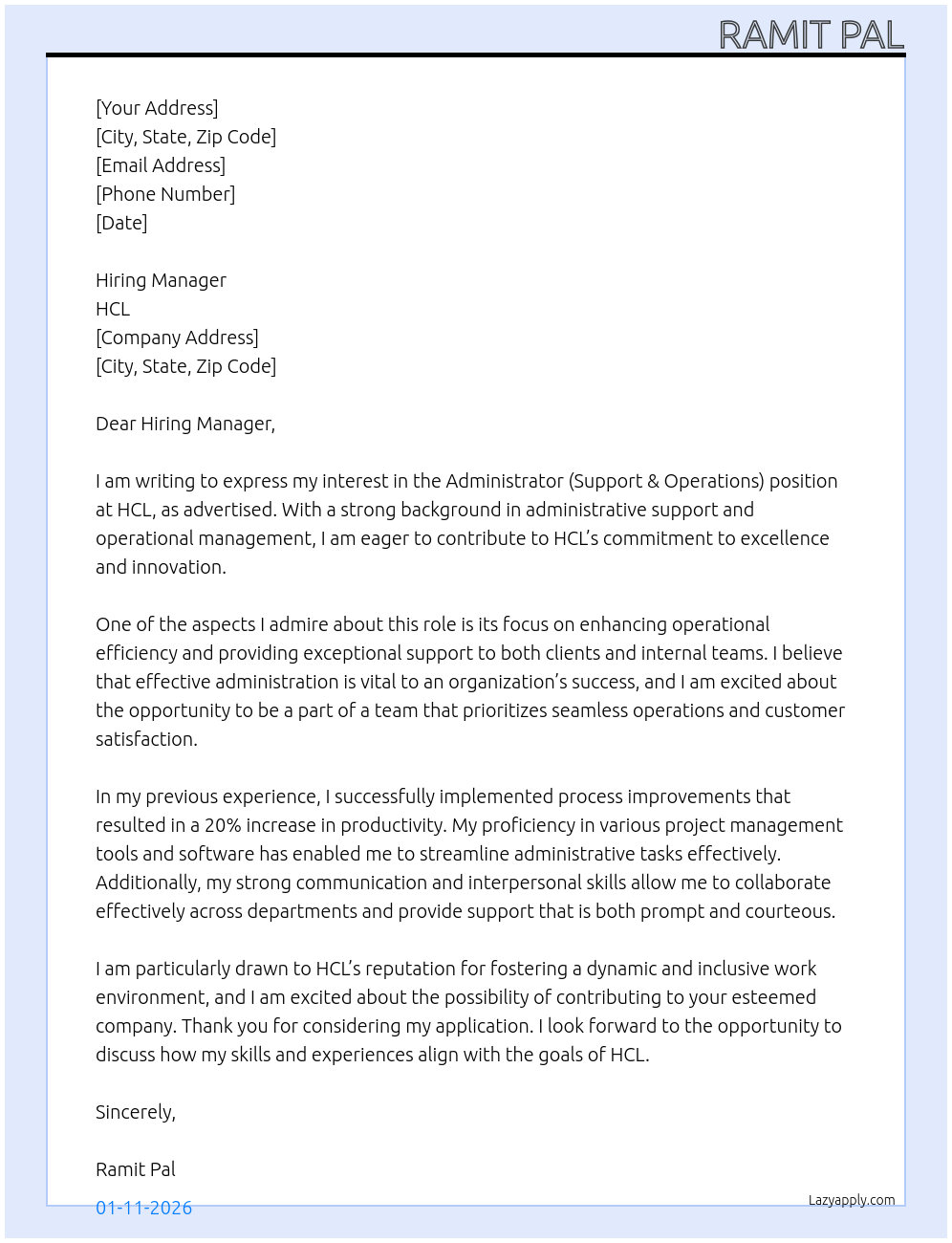 Administrator (Support & Operations) At HCL Cover Letter