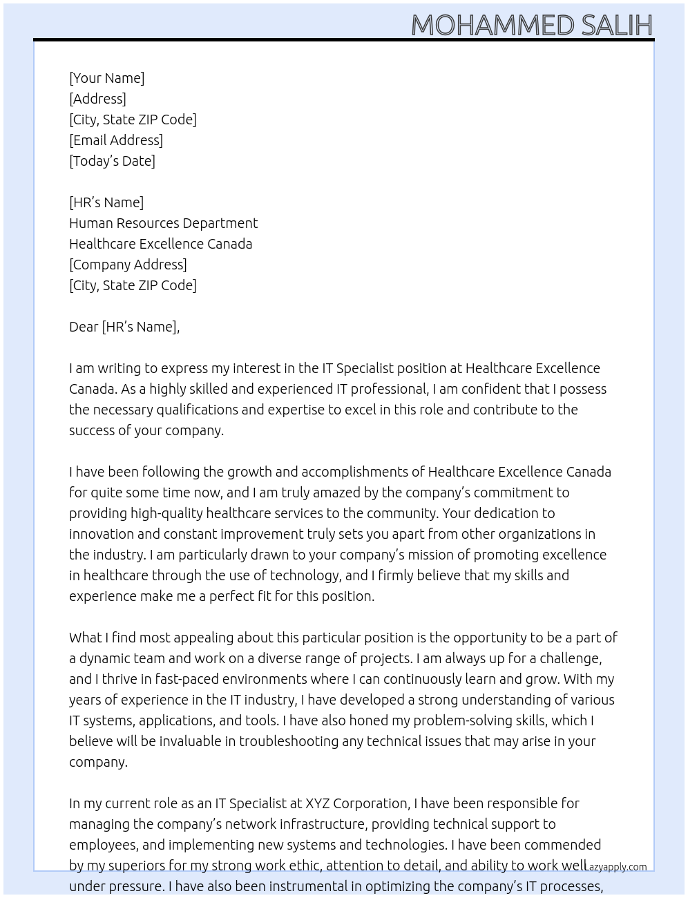 IT Specialist At Healthcare Excellence Canada Cover Letter