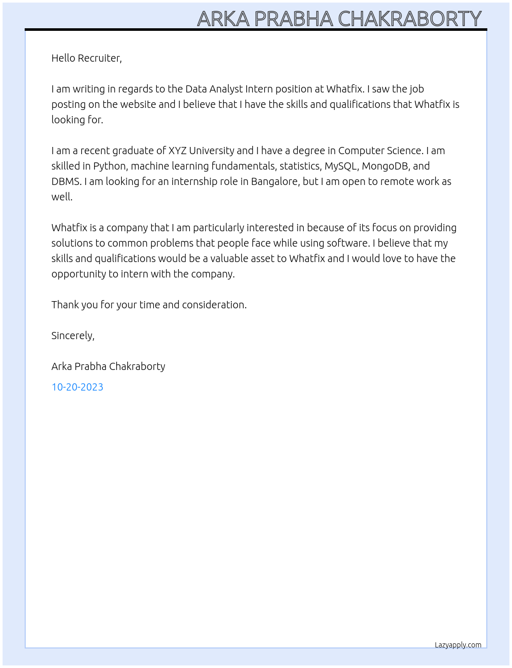 Data analyst intern  At Whatfix Cover Letter