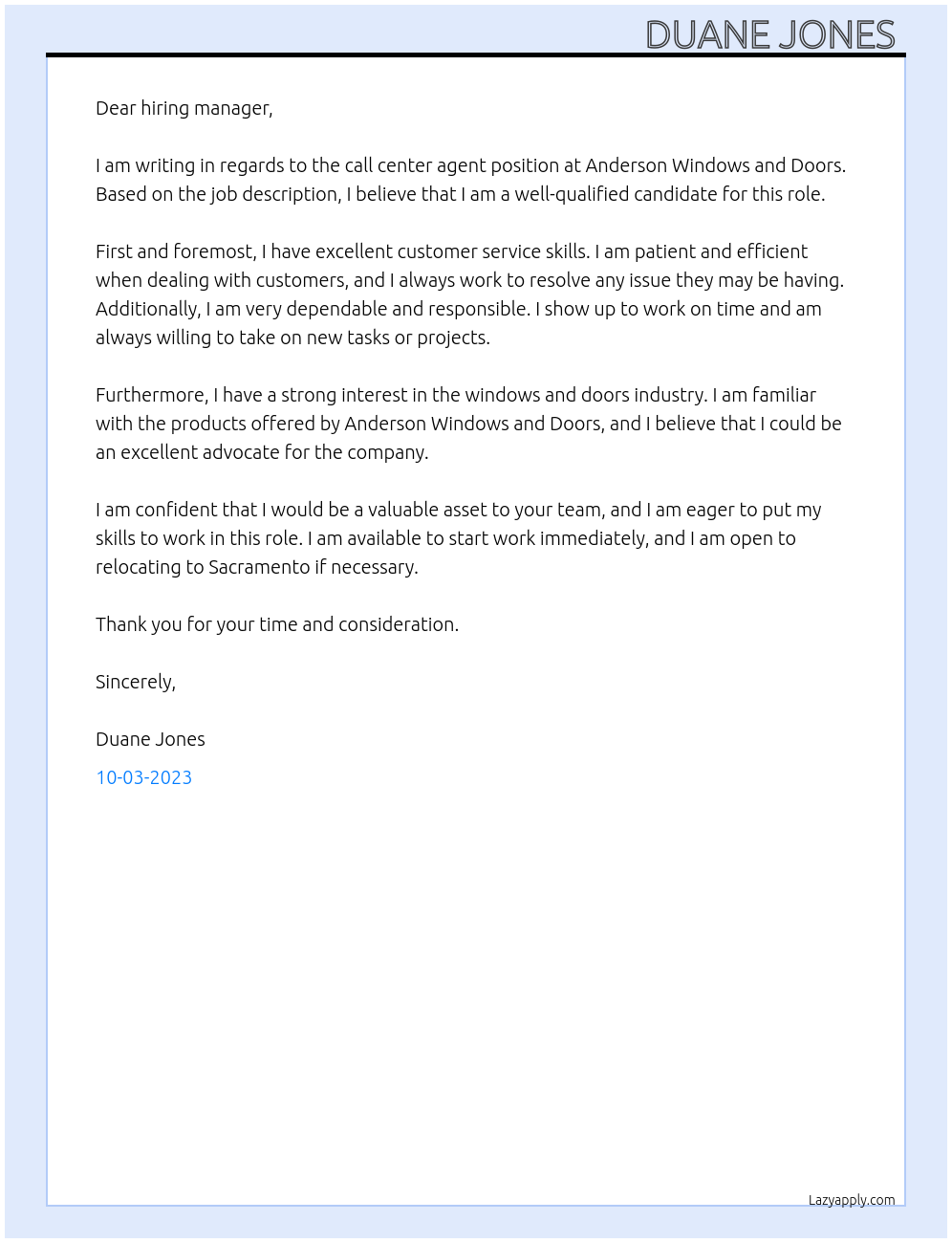 Call center Agent At Anderson Windows and Doors Cover Letter