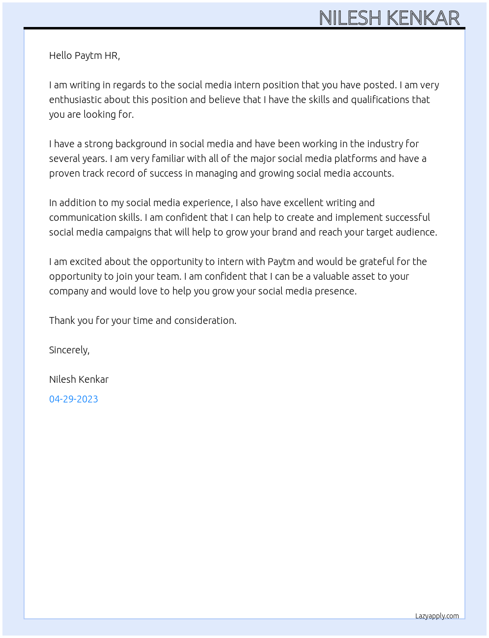 Social media intern At Paytm Cover Letter