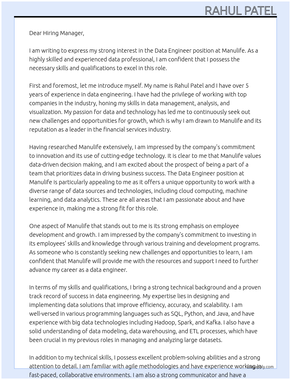 Data Engineer At Manulife Cover Letter