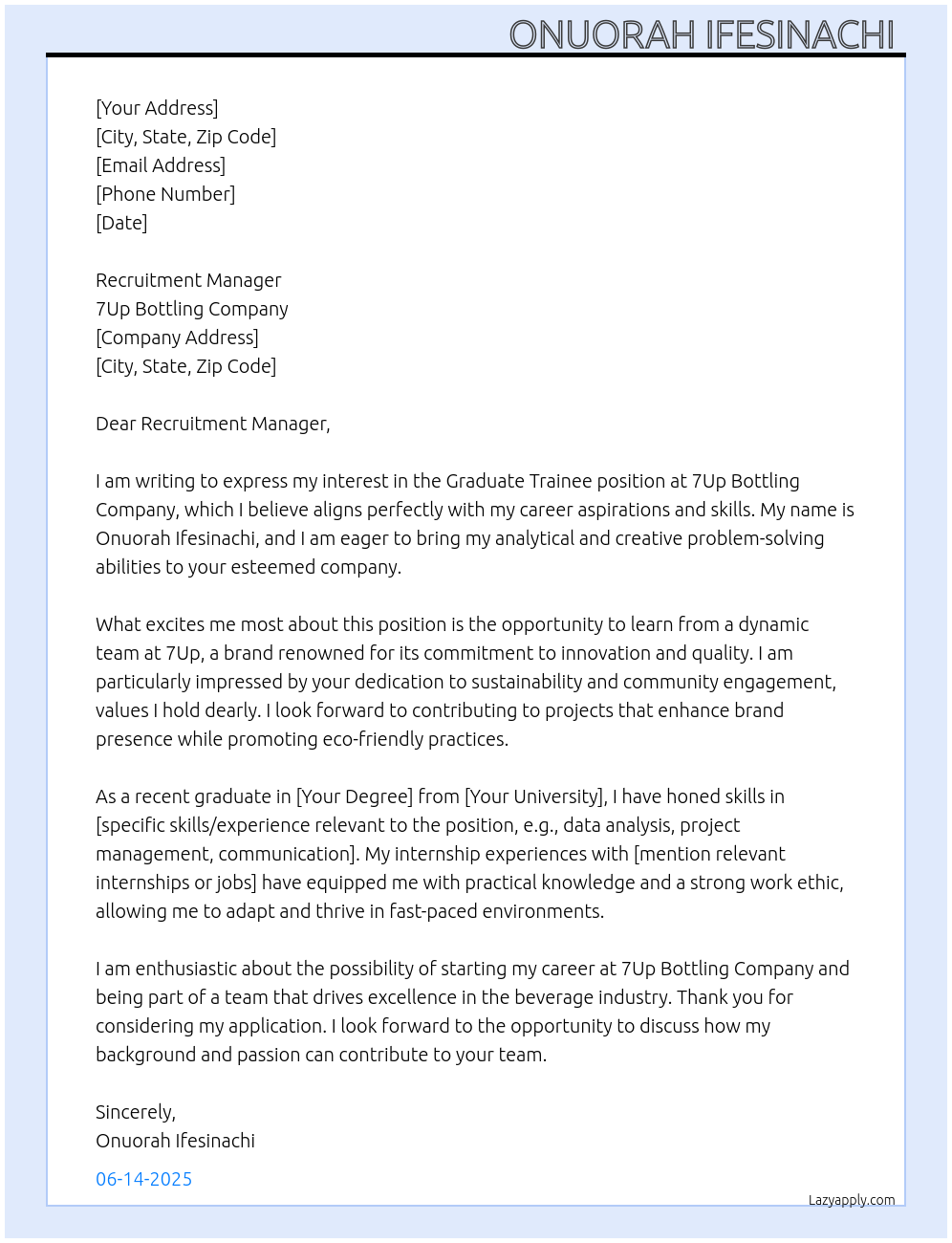 Graduate trainee At 7up bottling company Cover Letter