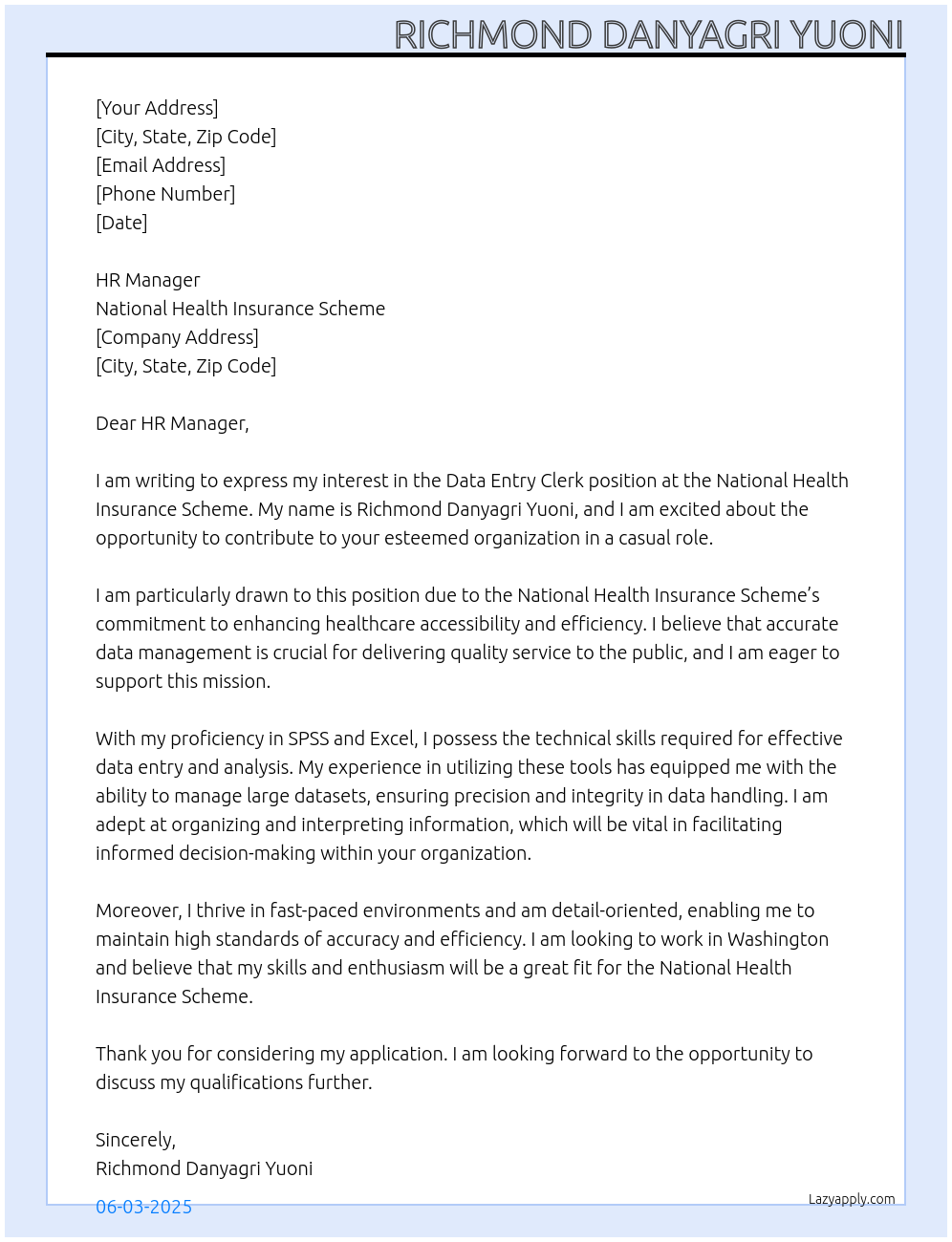 Data Entry Clerk At National Health Insurance Scheme Cover Letter