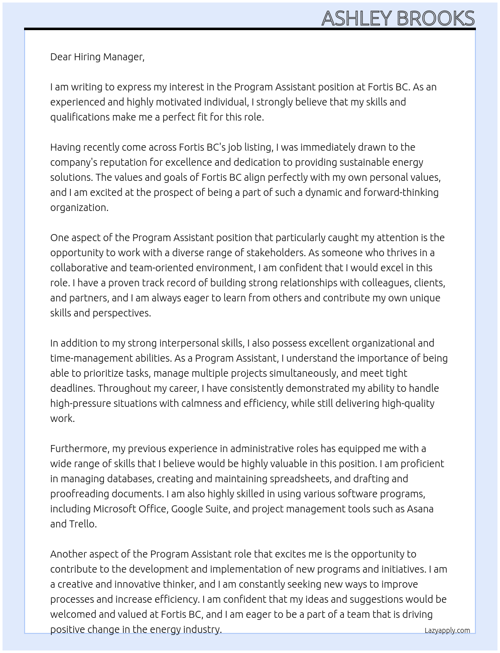 Program Assistant At Fortis BC Cover Letter