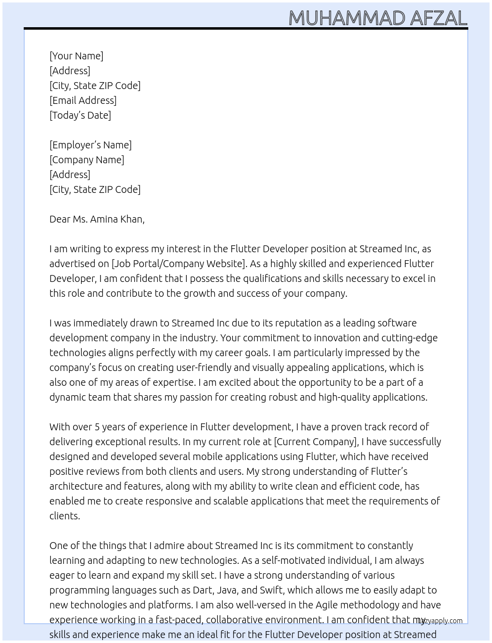 Flutter Developer At Streamed Inc Cover Letter