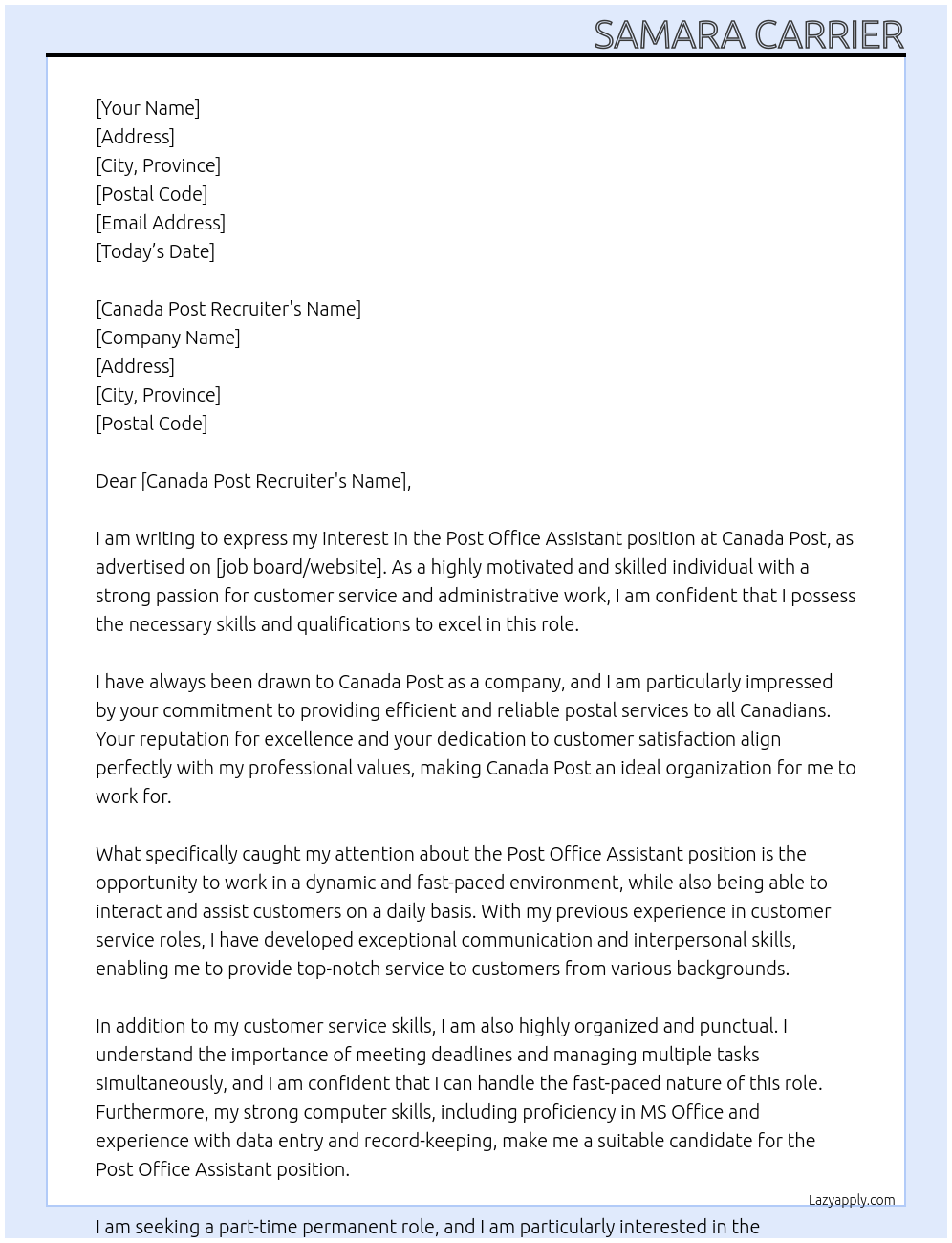 Post office assistant At Canada Post Cover Letter