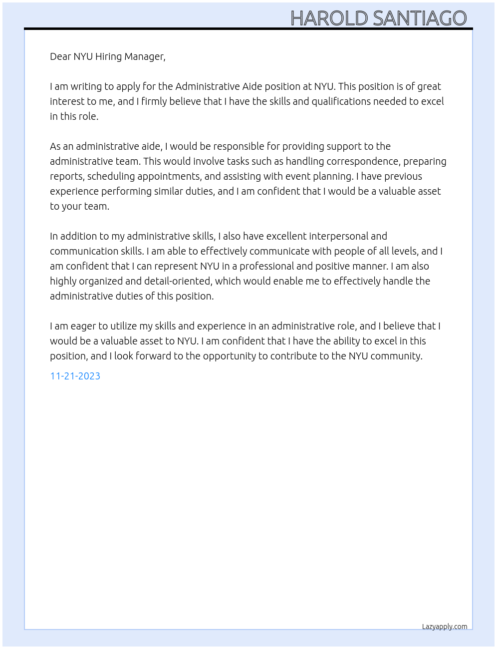 Administrative Aide At NYU Cover Letter