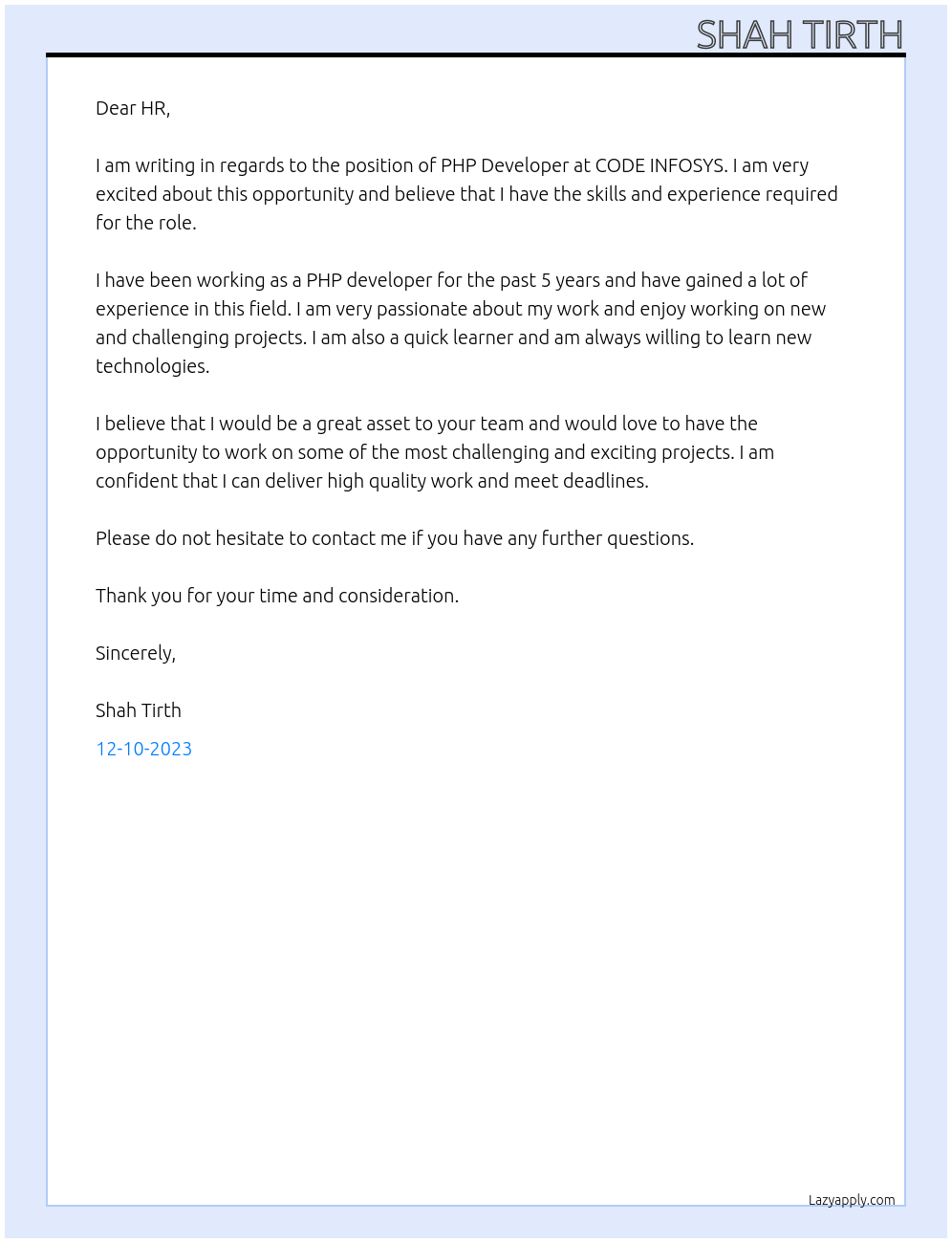 Php Developer At CODE INFOSYS Cover Letter