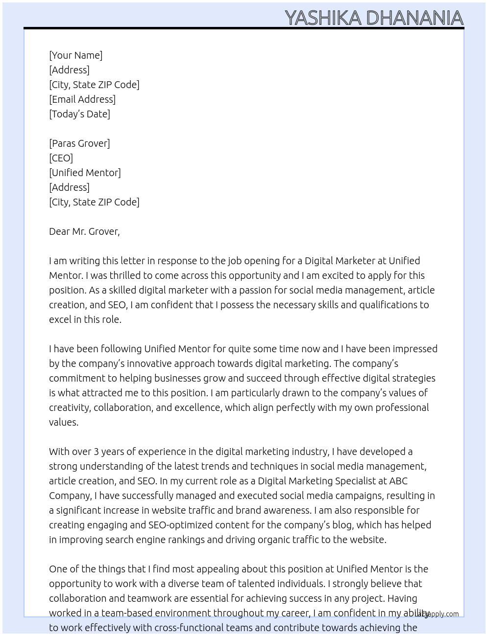 Digital marketer At Unified Mentor Cover Letter