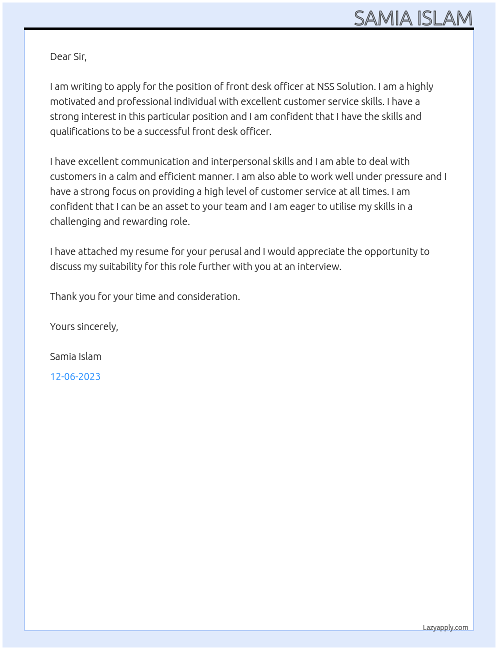 front desk officer At NSS Solution Cover Letter