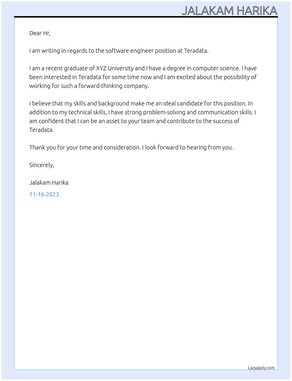 Software Engineer  At Teradata  Cover Letter