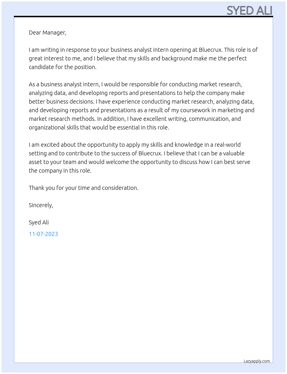 business analyst intern At Bluecrux Cover Letter