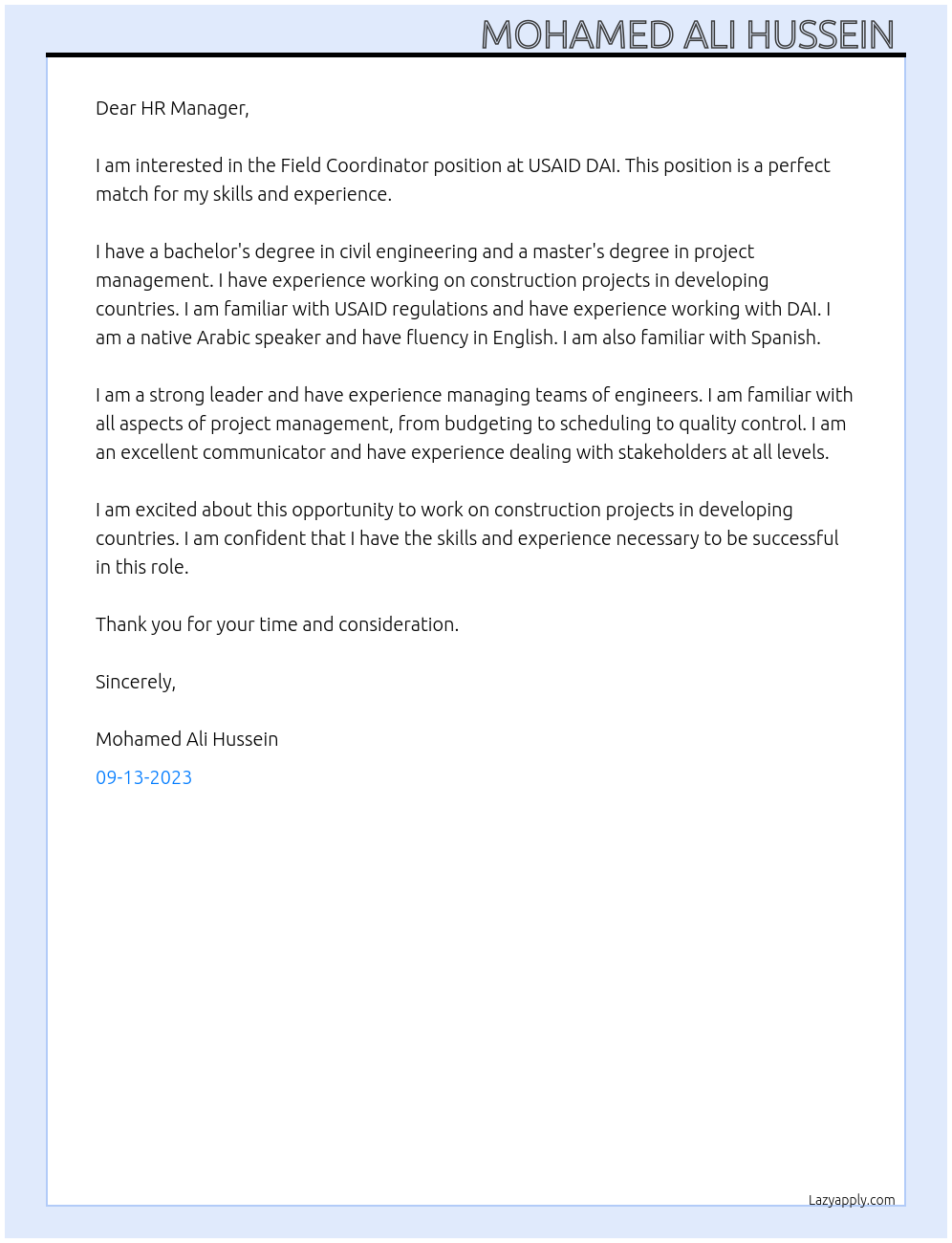 Field Coordinator  At USAID DAI Cover Letter