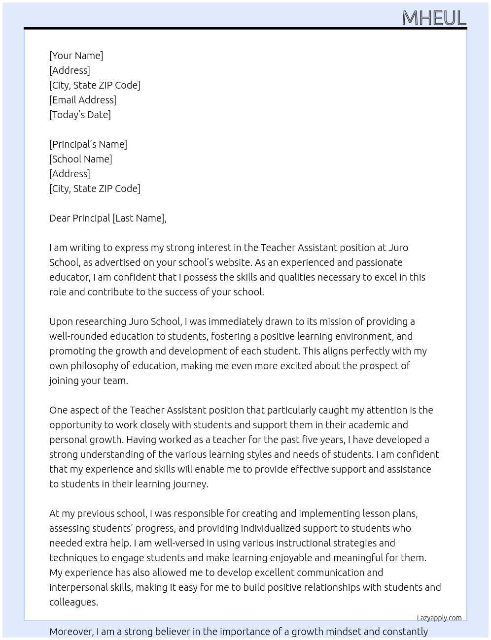 Teacher Assistant At Juro School Cover Letter