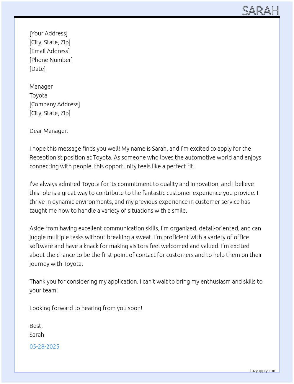Cover letter for receptionist for a car dealership automotive - LazyApply