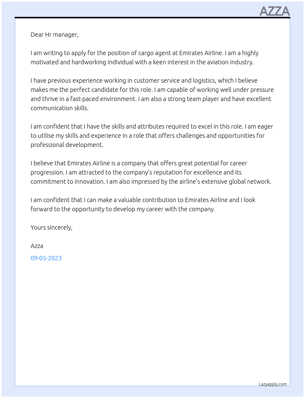 Cargo agent At Emirates Airline  Cover Letter