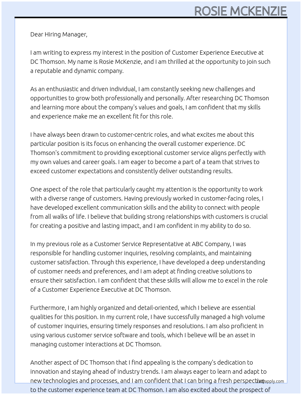 Customer experience executive  At DC Thomson  Cover Letter