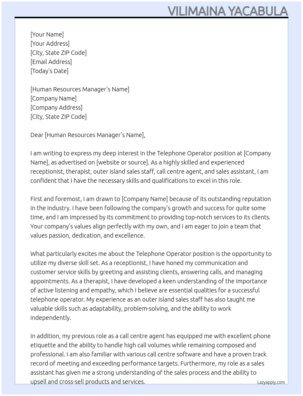 Telephone Operator At Office of the OSlicitor General Office Cover Letter