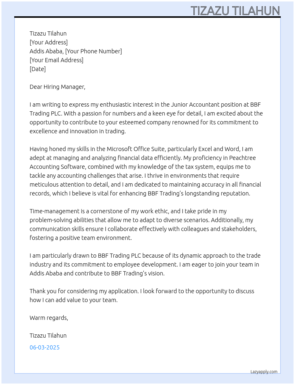 Junior Accountant At BBF Trading PLC Cover Letter