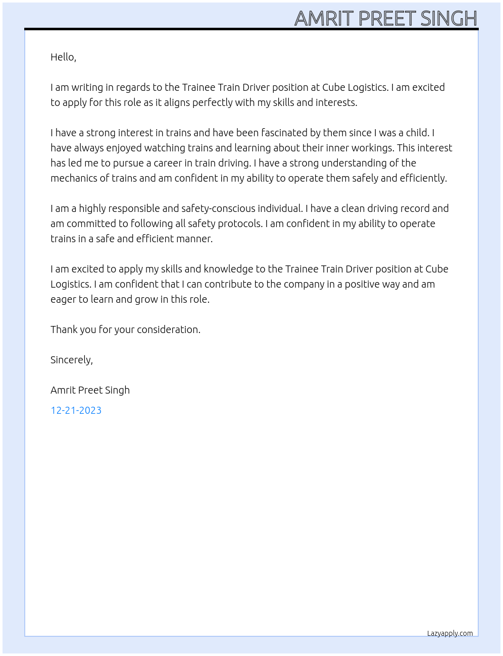 Trainee train driver At Cube logistics Cover Letter