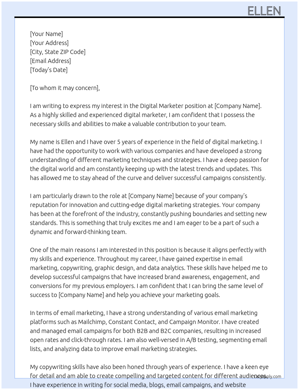 Digital marketer At Any company Cover Letter