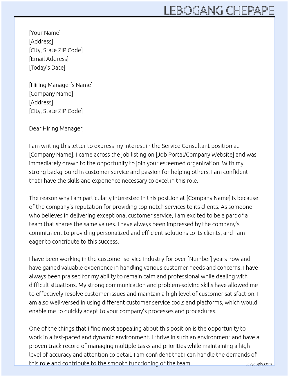 Service Consultant At Service Consultant Cover Letter