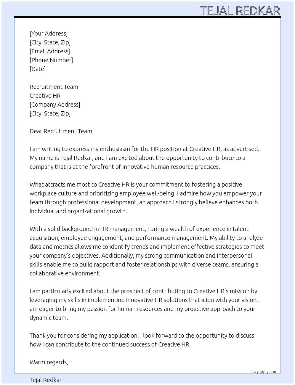 hr At creative hr Cover Letter