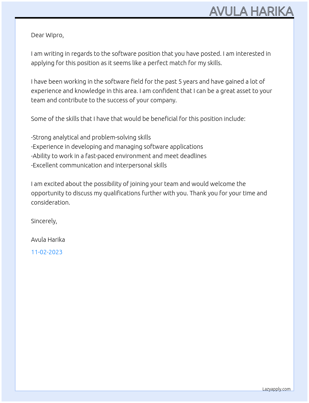 software At wipro Cover Letter