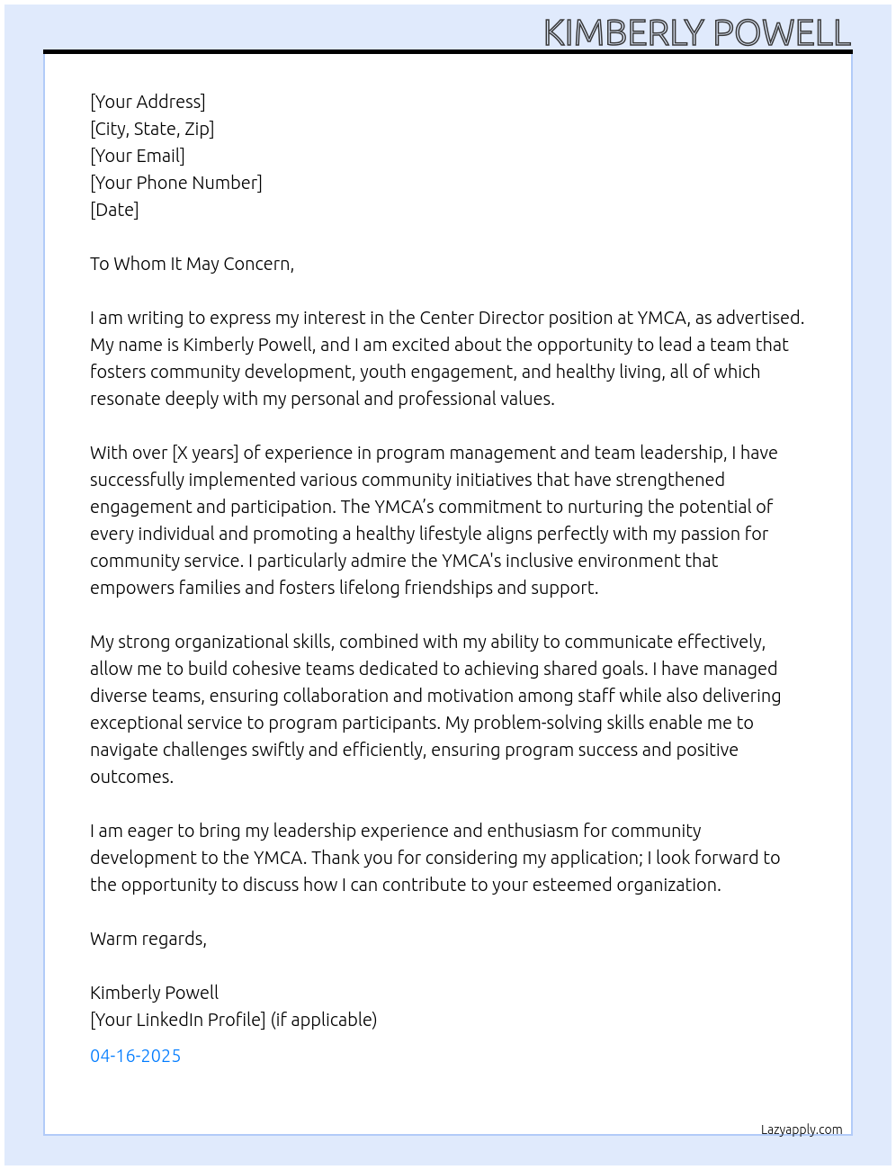 Cover letter for center director - LazyApply