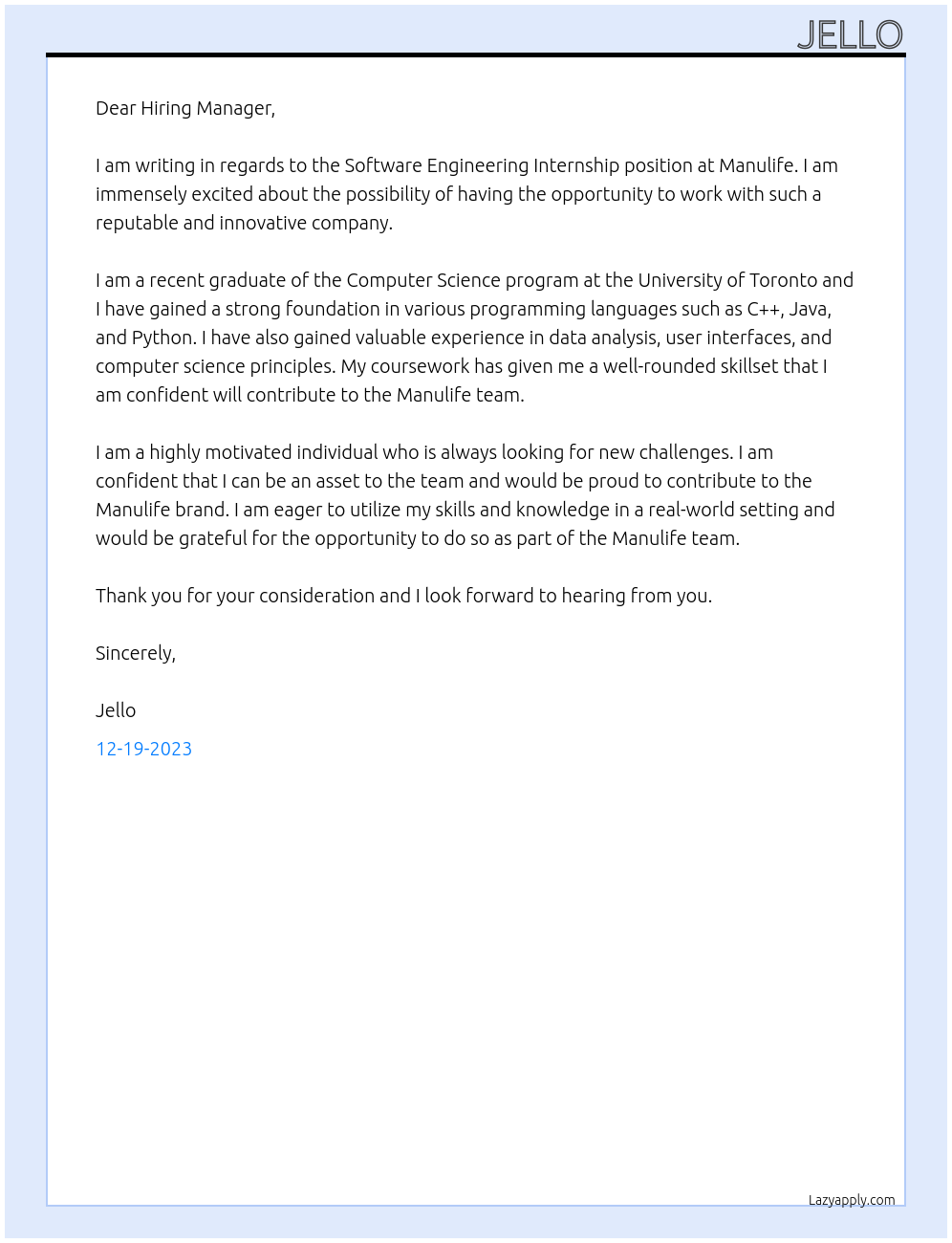 Software Engineering Internship At Manulife Cover Letter