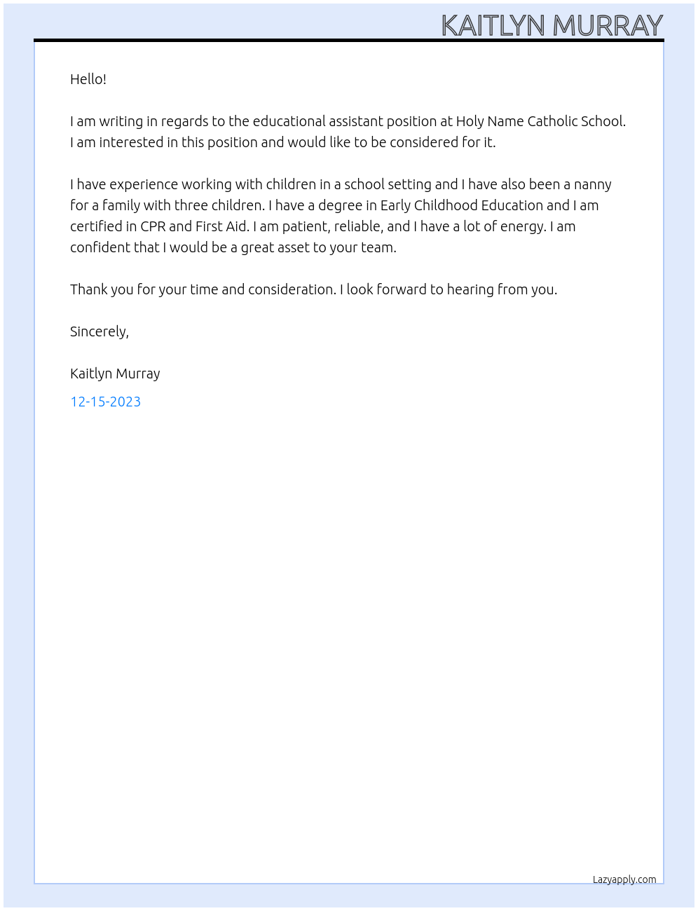 Educational assistant At Holy Name Catholic School Cover Letter