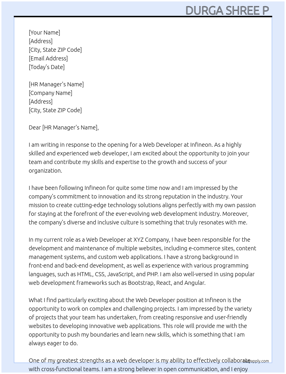 web developer At infineon Cover Letter