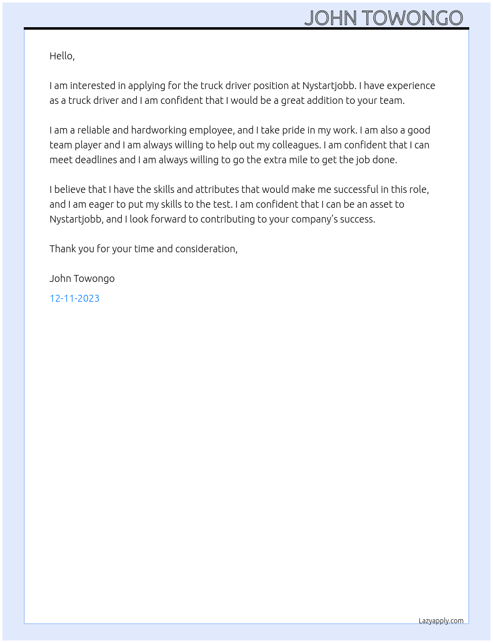 truck driver At Nystartjobb Cover Letter