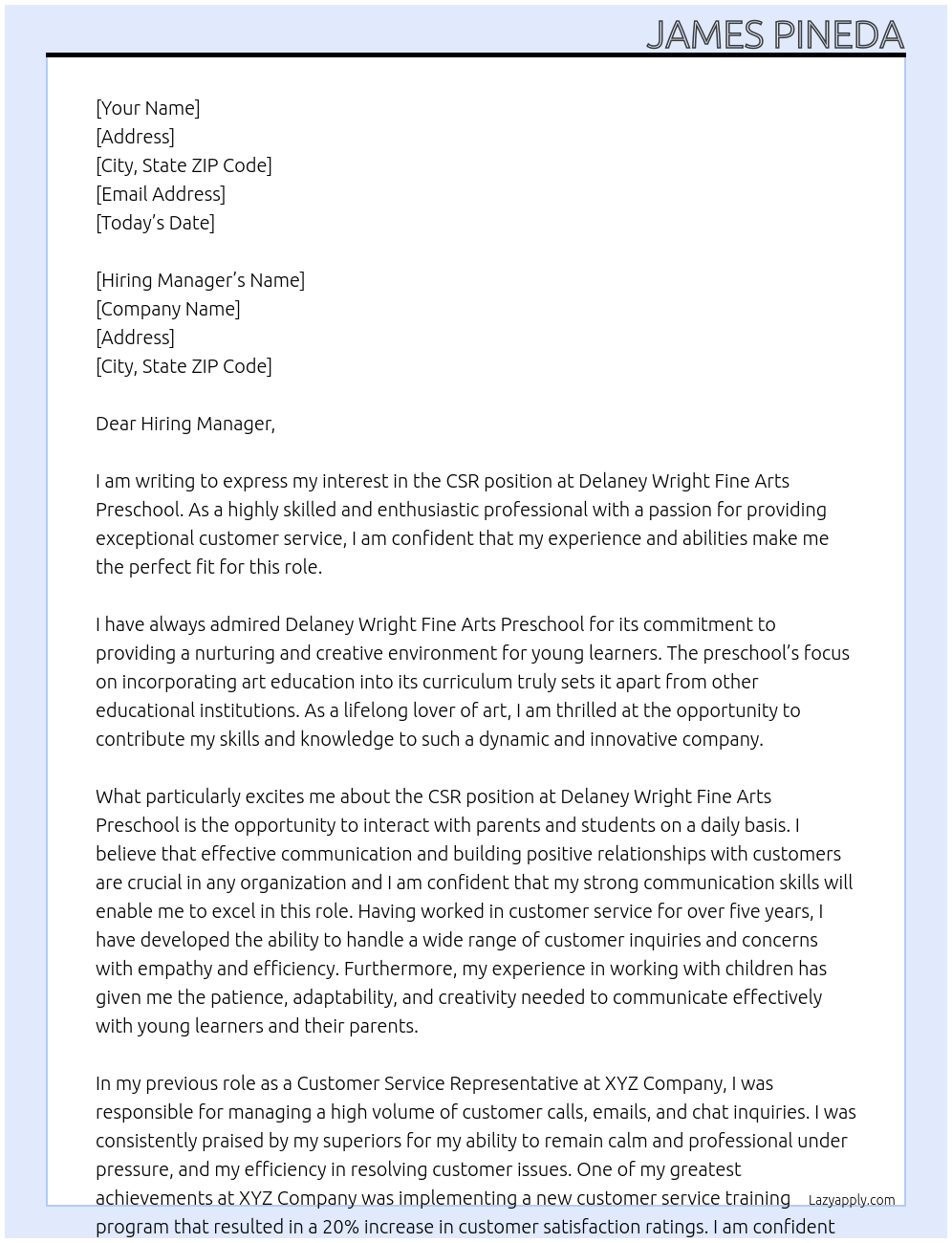 CSR At Delaney Wright Fine Arts Preschool Cover Letter