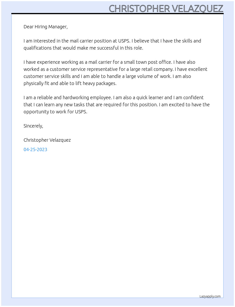 mail Carrier At usps Cover Letter