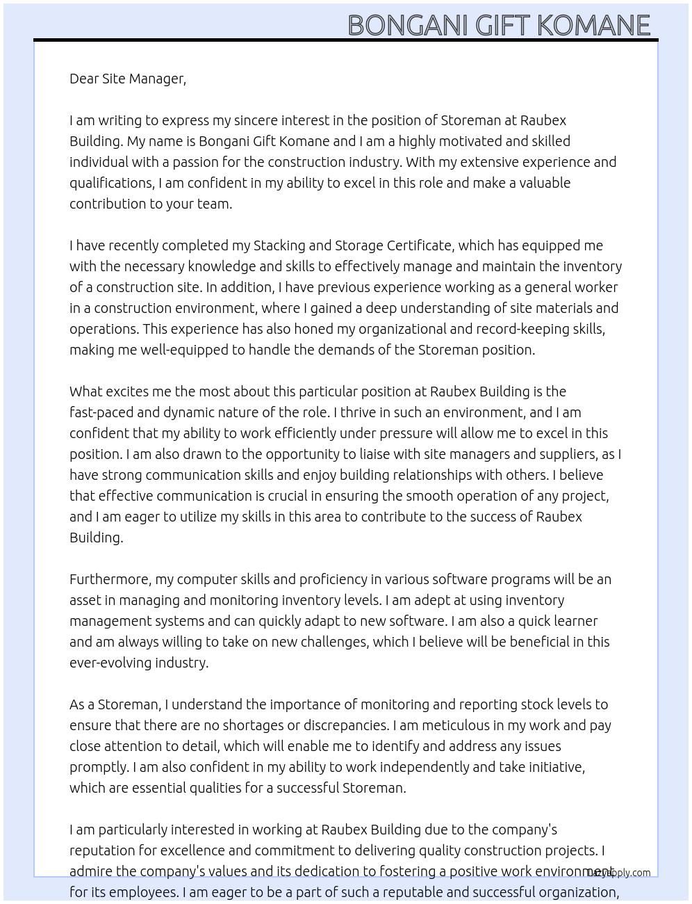 Storeman At Raubex Building Cover Letter