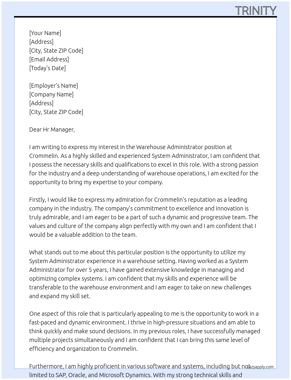 Warehouse Administrator At Crommelin Cover Letter