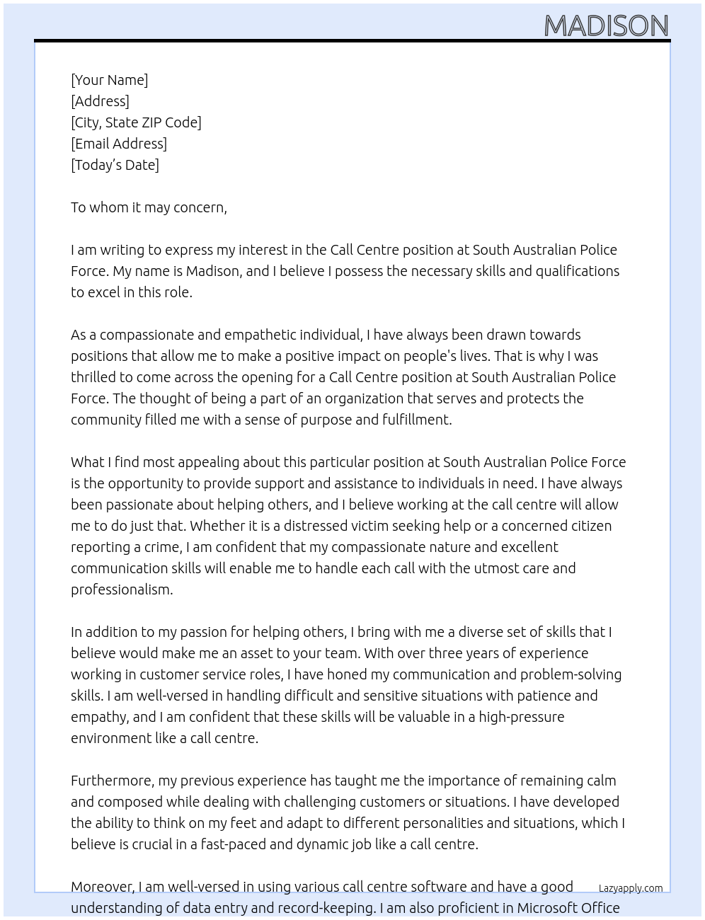 Call centre At South Australian Police Force Cover Letter