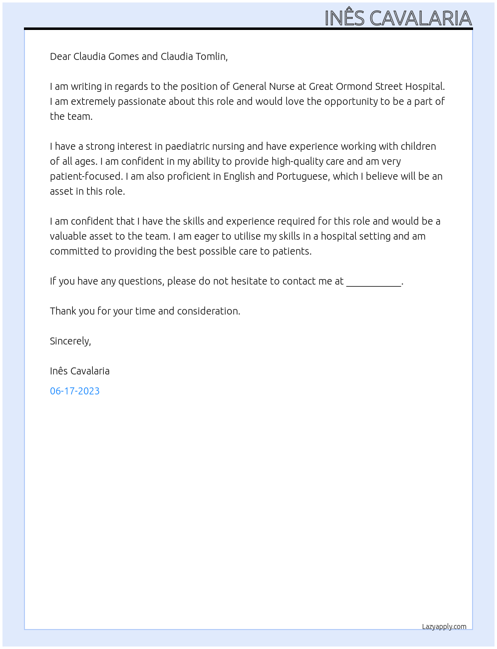 General Nurse At Great Ormond Street Hospital Cover Letter